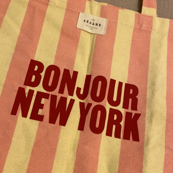 Sezane “Bonjour New York" Pink and Cream Striped Tote Bag - Picture 5 of 7